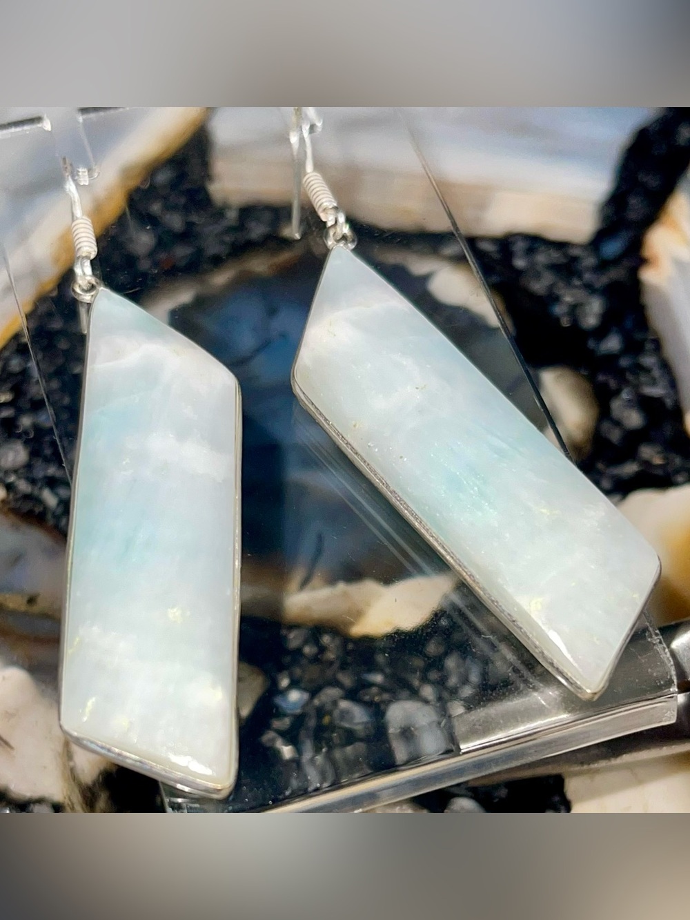 Soft Teal Color Hemimorphite Crystal Earrings 2 7/8”